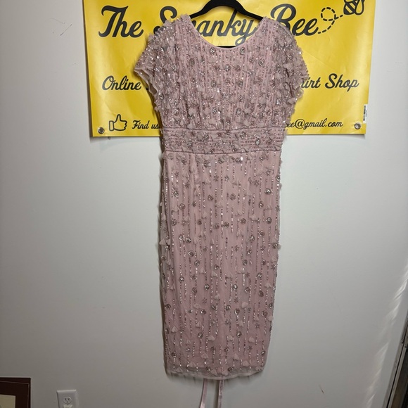 NWT Mac Duggal Pink Cap Sleeve Sheath Midi Dress With Floral Beading - Picture 4 of 8